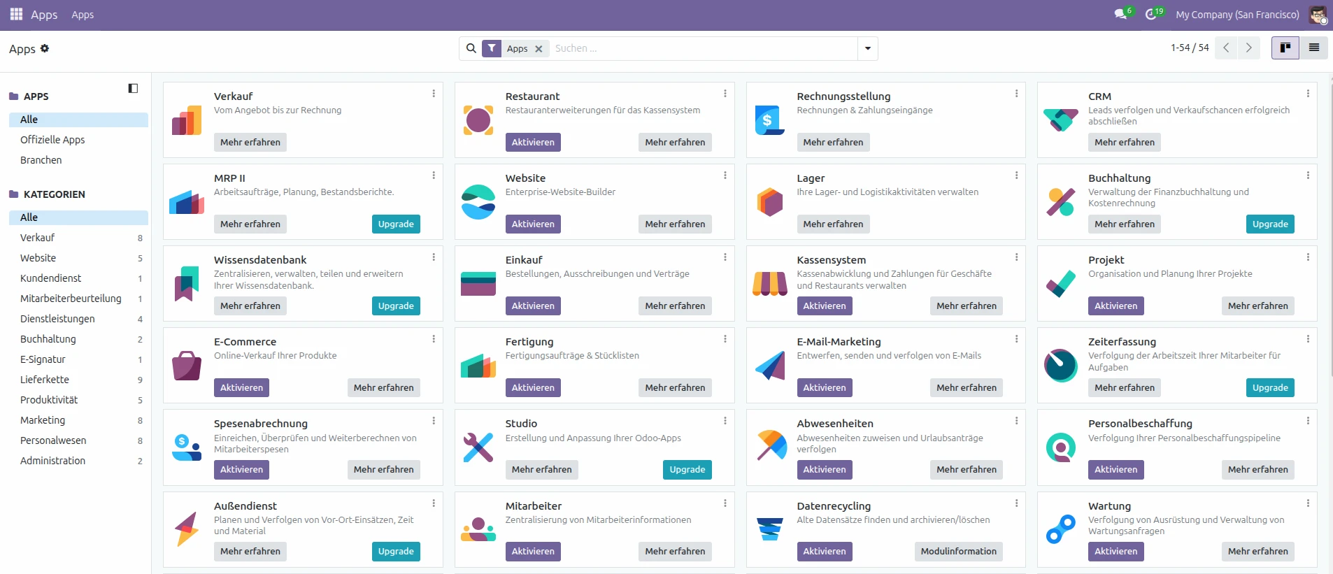 Odoo Apps Übersicht mit E‑Commerce, CRM und Lagerverwaltung, Mavabit verbindet diese ERP‑Module mit Shopify, eBay und Amazon für Onlinehändler