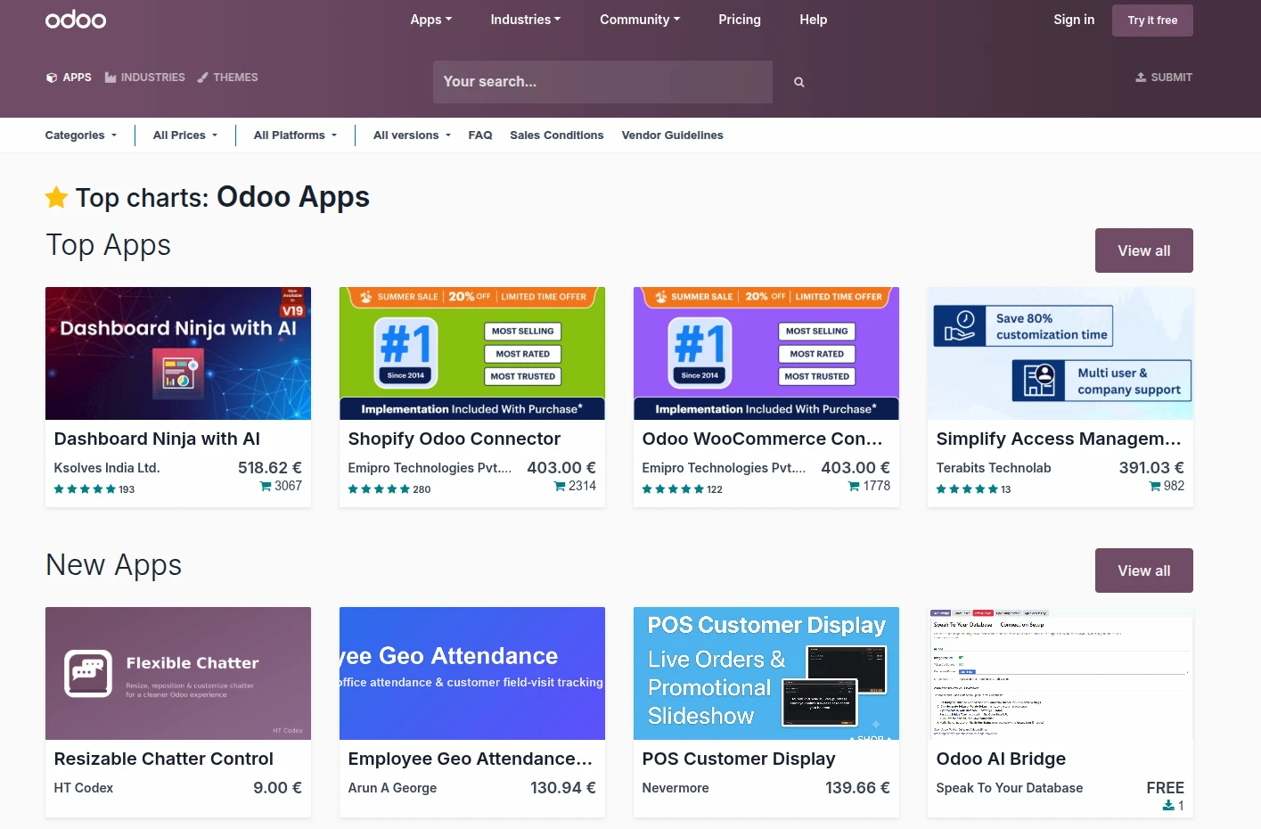 Odoo App Store Übersicht für E‑Commerce, darunter Shopify Odoo Connector, ideale Basis für Mavabit Shop‑Connection zu eBay und Amazon für Händler