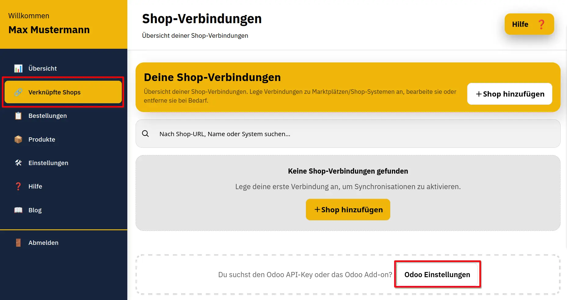 Mavabit Dashboard Bereich Verknüpfte Shops