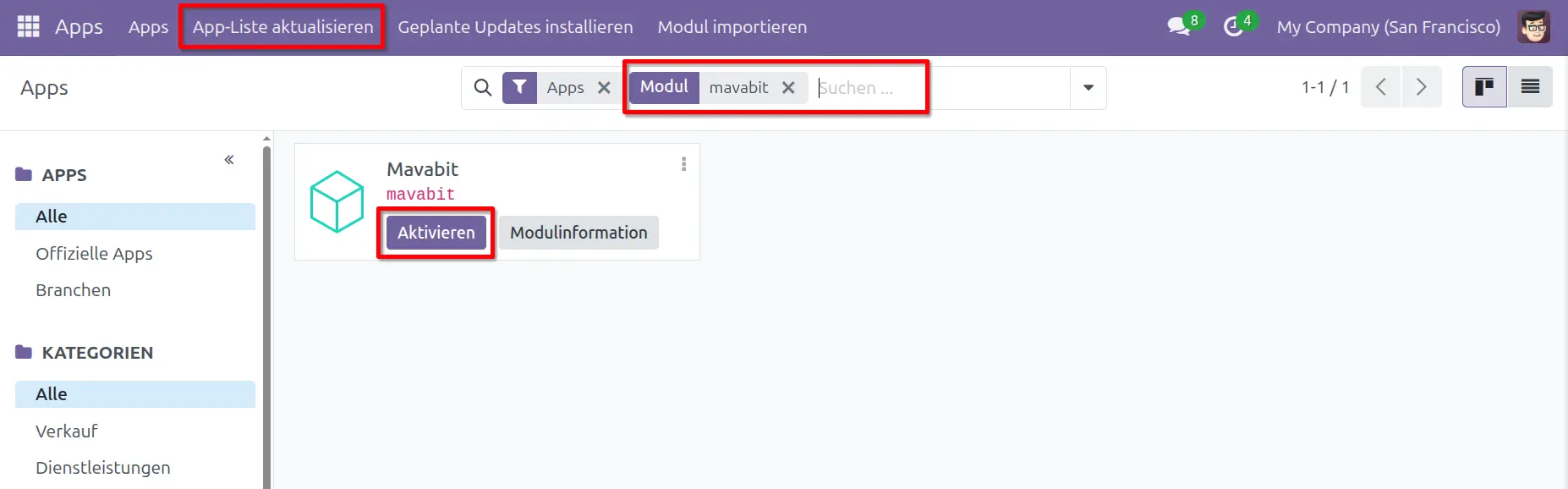 Mavabit Add-on in Odoo aktivieren