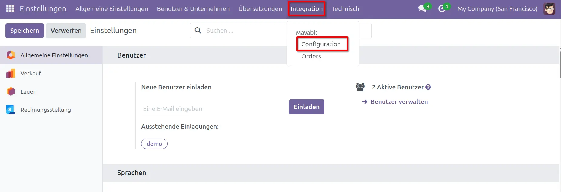 Mavabit Integration in den Odoo Einstellungen