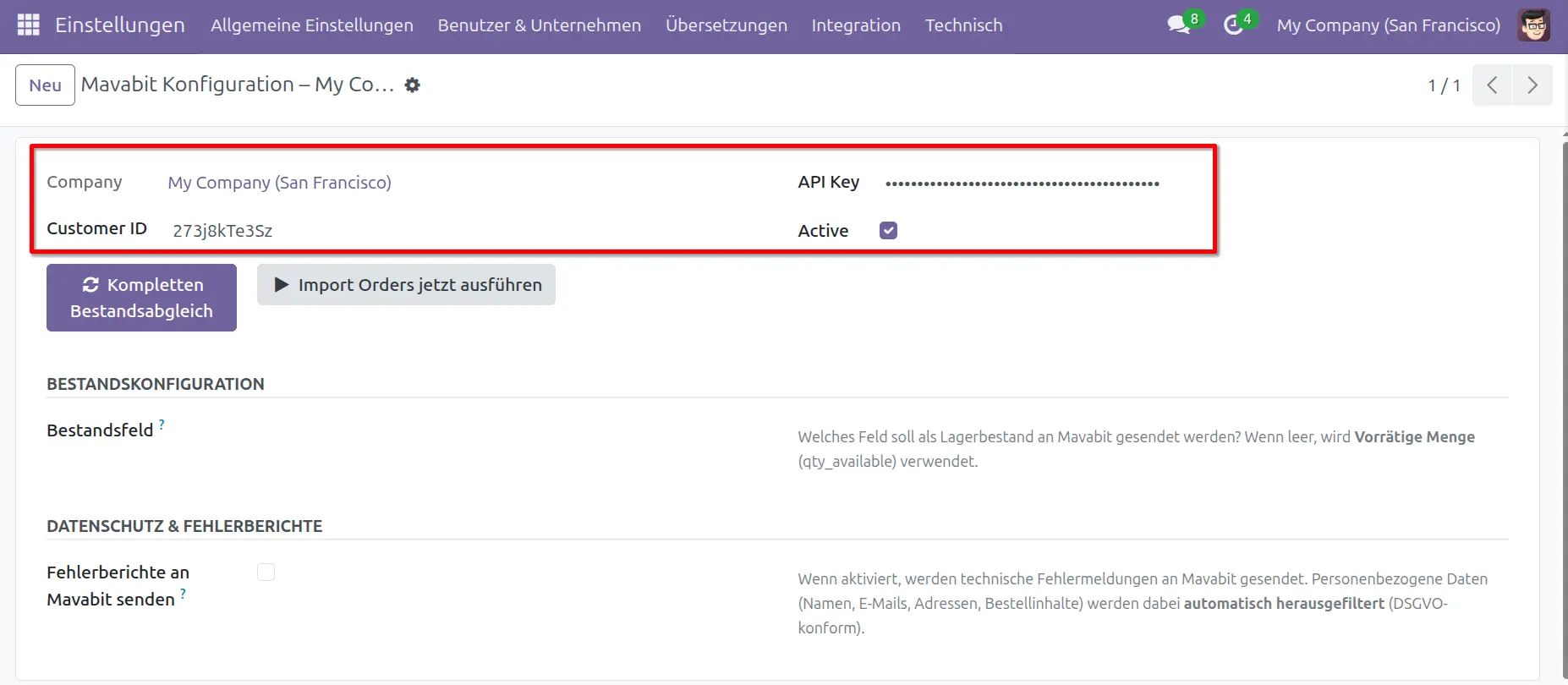 API-Key und Customer-ID in Odoo eintragen