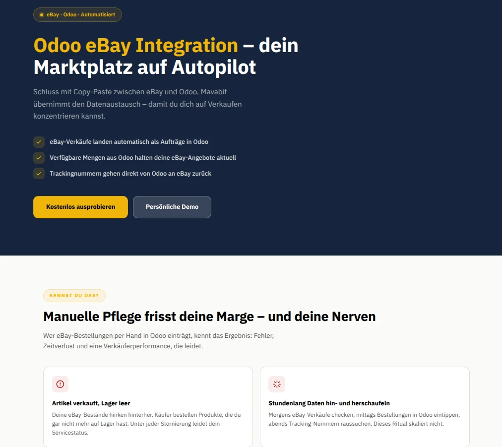 Landingpage Odoo eBay um zu Erklären wie die Synchronisation von Bestellungen, Beständen und Versanddaten.