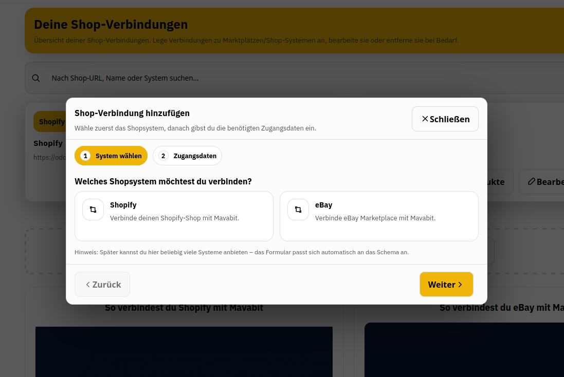 Shop-Auswahl für die Anbindung von eBay und Shopify an Odoo – Auswahloberfläche für Multi-Channel-E-Commerce